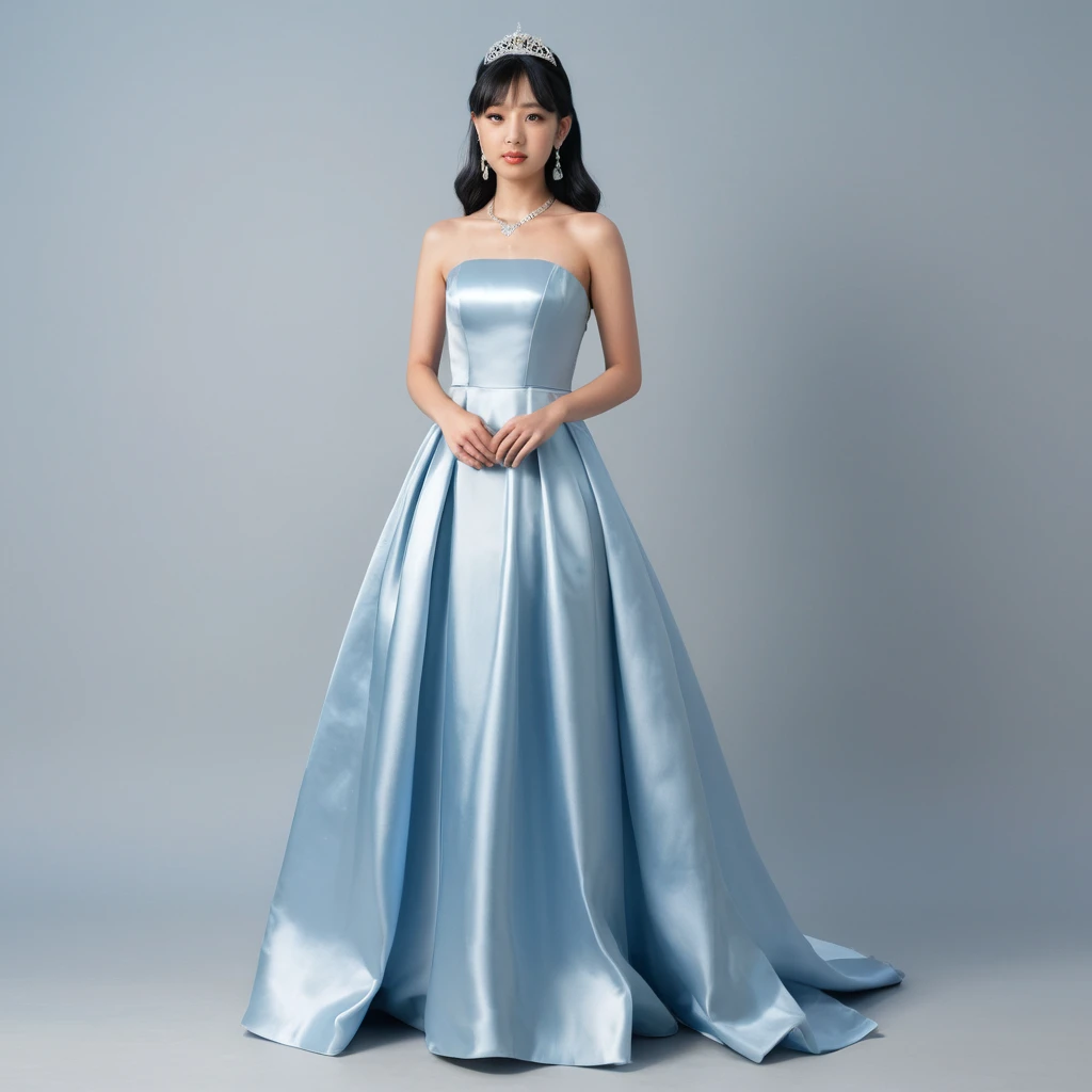 優雅少女身穿皇家藍緞面無肩帶舞會禮服