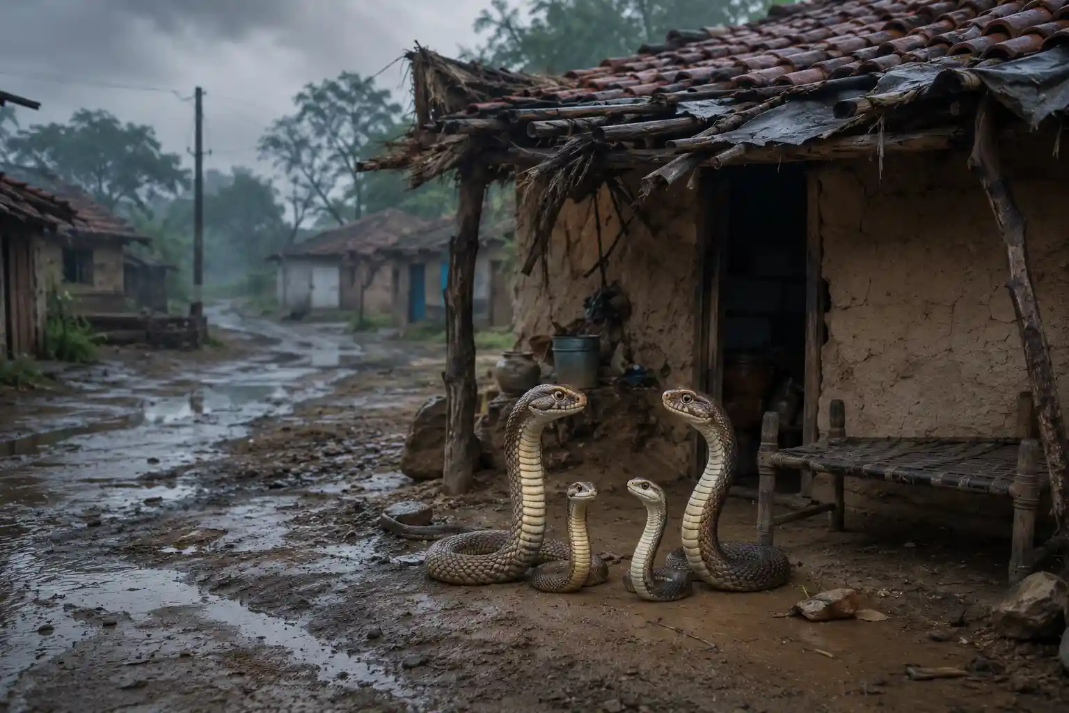 Small Indian village with snakes outside a mud hut