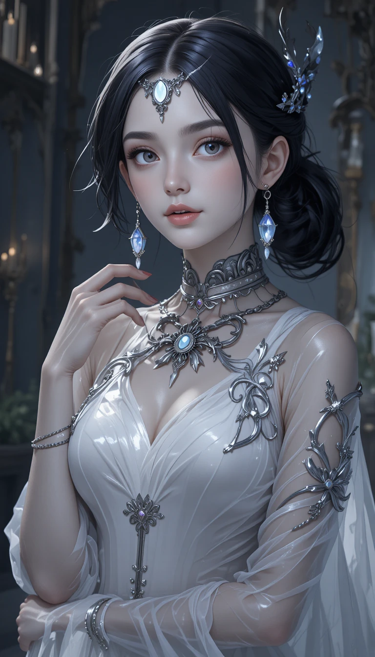 戴銀色王冠與刺青的優雅動漫幽靈少女