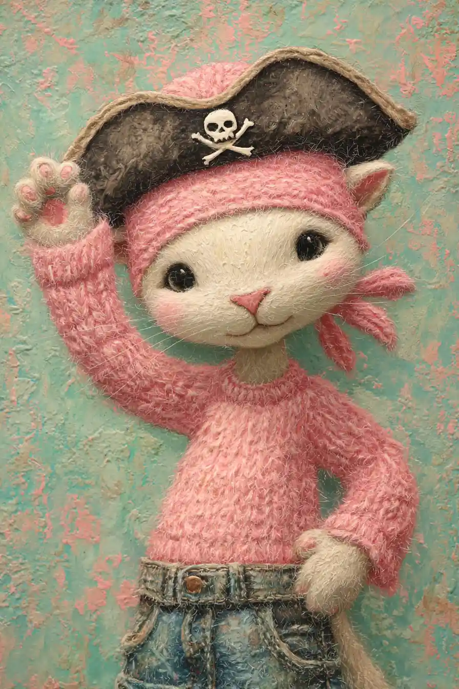 Gato pirata alegre con suéter rosa saludando en primer plano