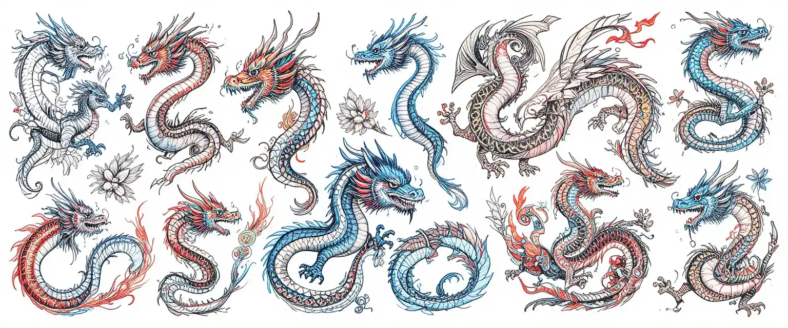 Engraved Dragon Tattoo Designs On Clean White Background