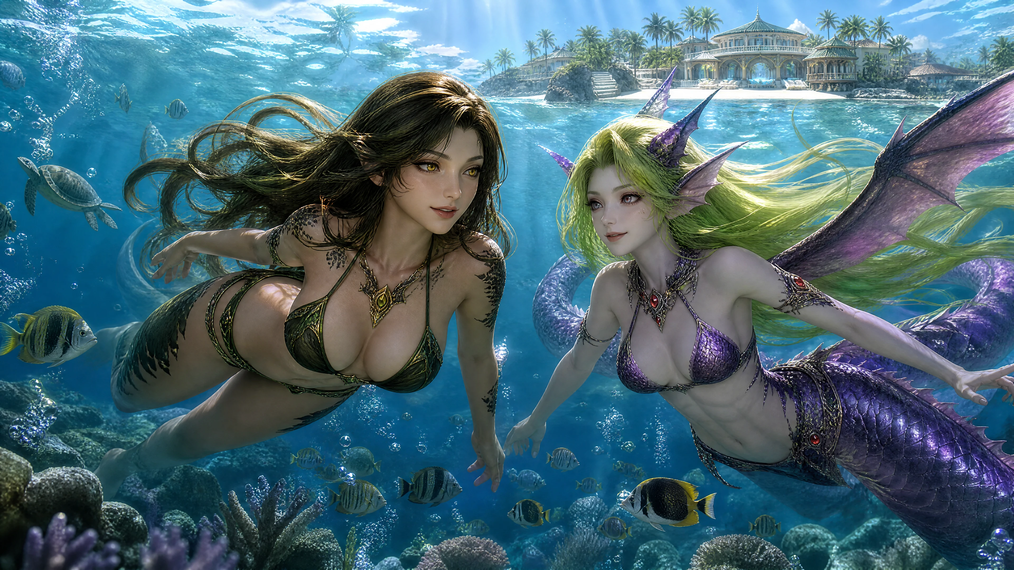 Two fantasy women swimming together in an underwater scene