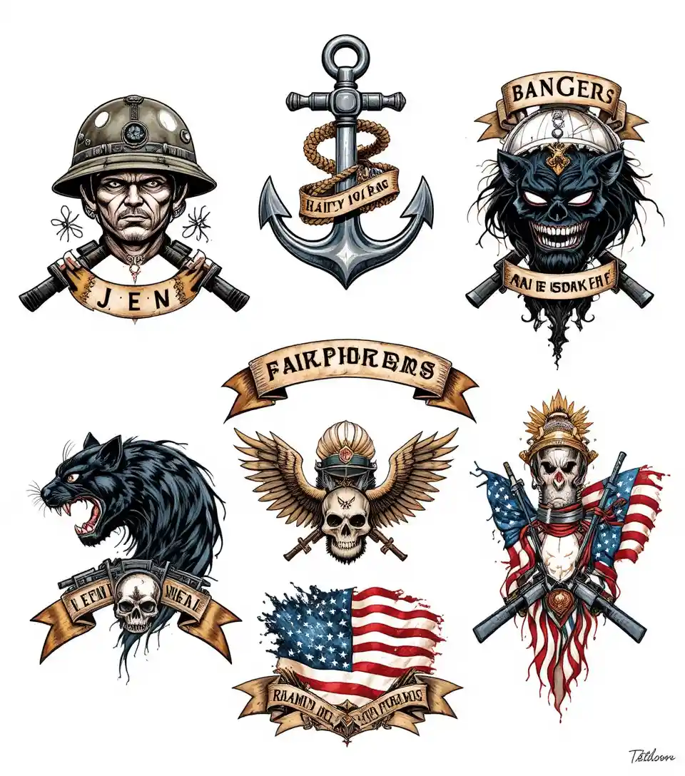 Foglio di tattoo flash americano classico con audaci simboli patriottici