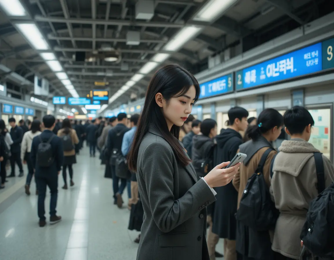 ソウルの駅で列に並んで待つ若い女性