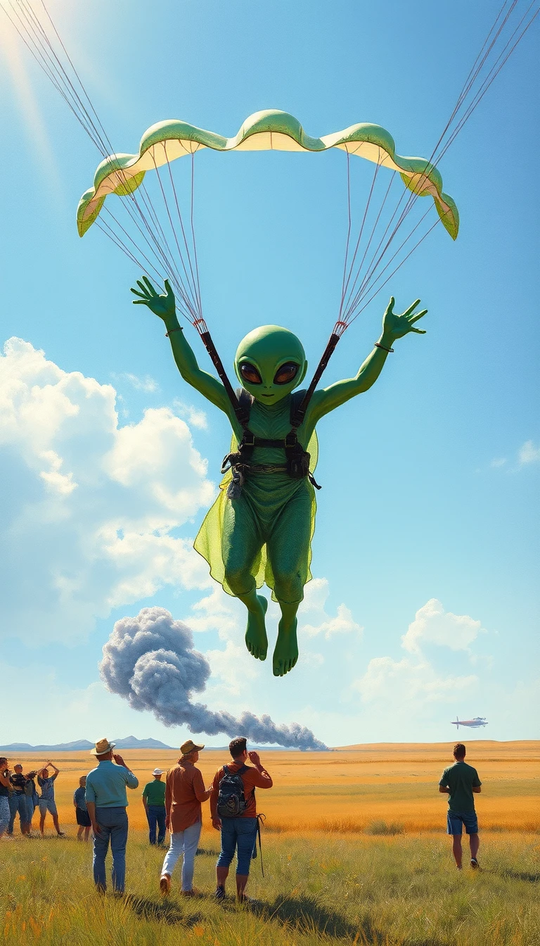 外星傘兵在陽光普照的空曠草地上柔和降落