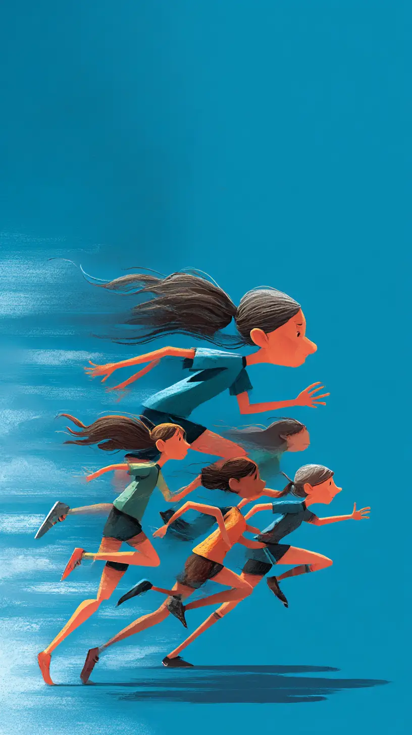 Elongated women footballers sprinting across a teal field