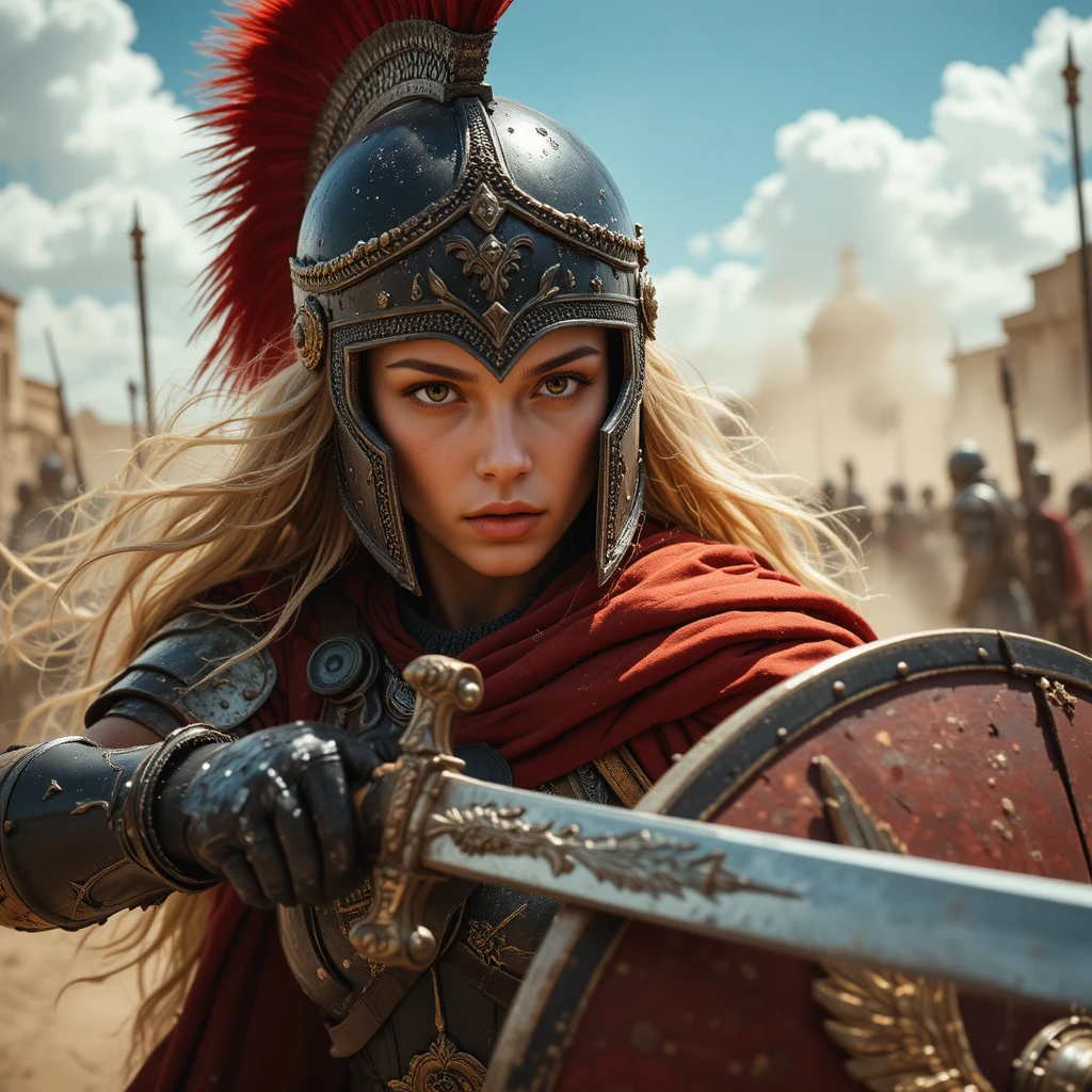 Blonde female warrior charging with sword and shield