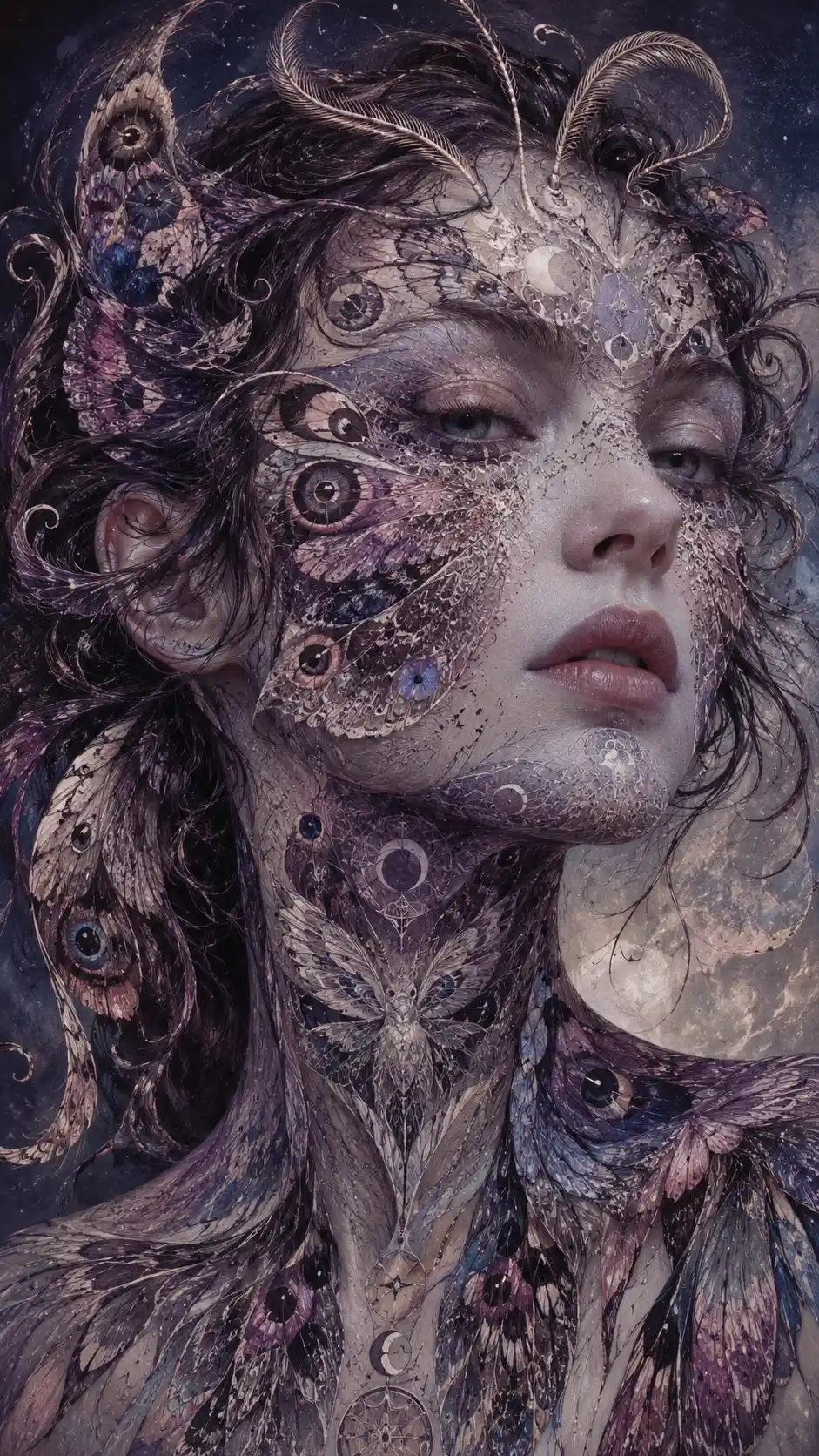 Surreal woman merging with moth wings and abstract symbols