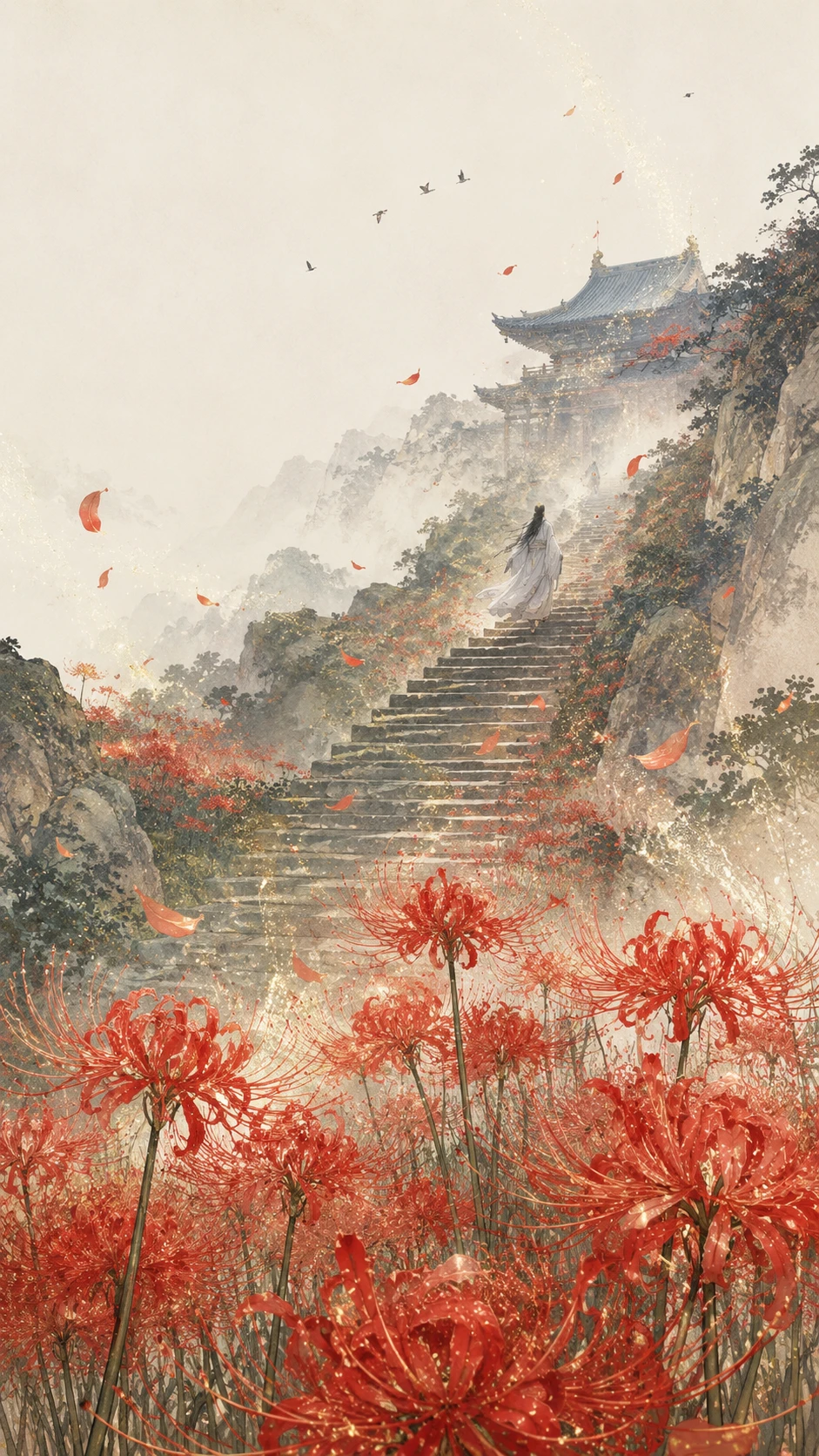 Serene valley of red lilies in soft daylight