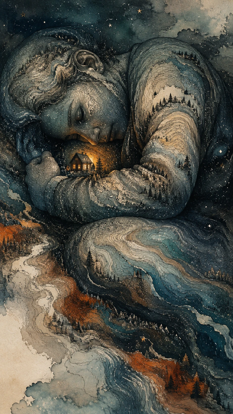 Sleeping giant cradling a glowing house in surreal landscape