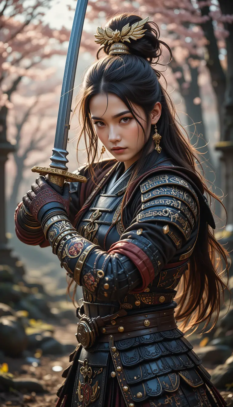 神祕森林中的兇猛女戰士與武士盔甲