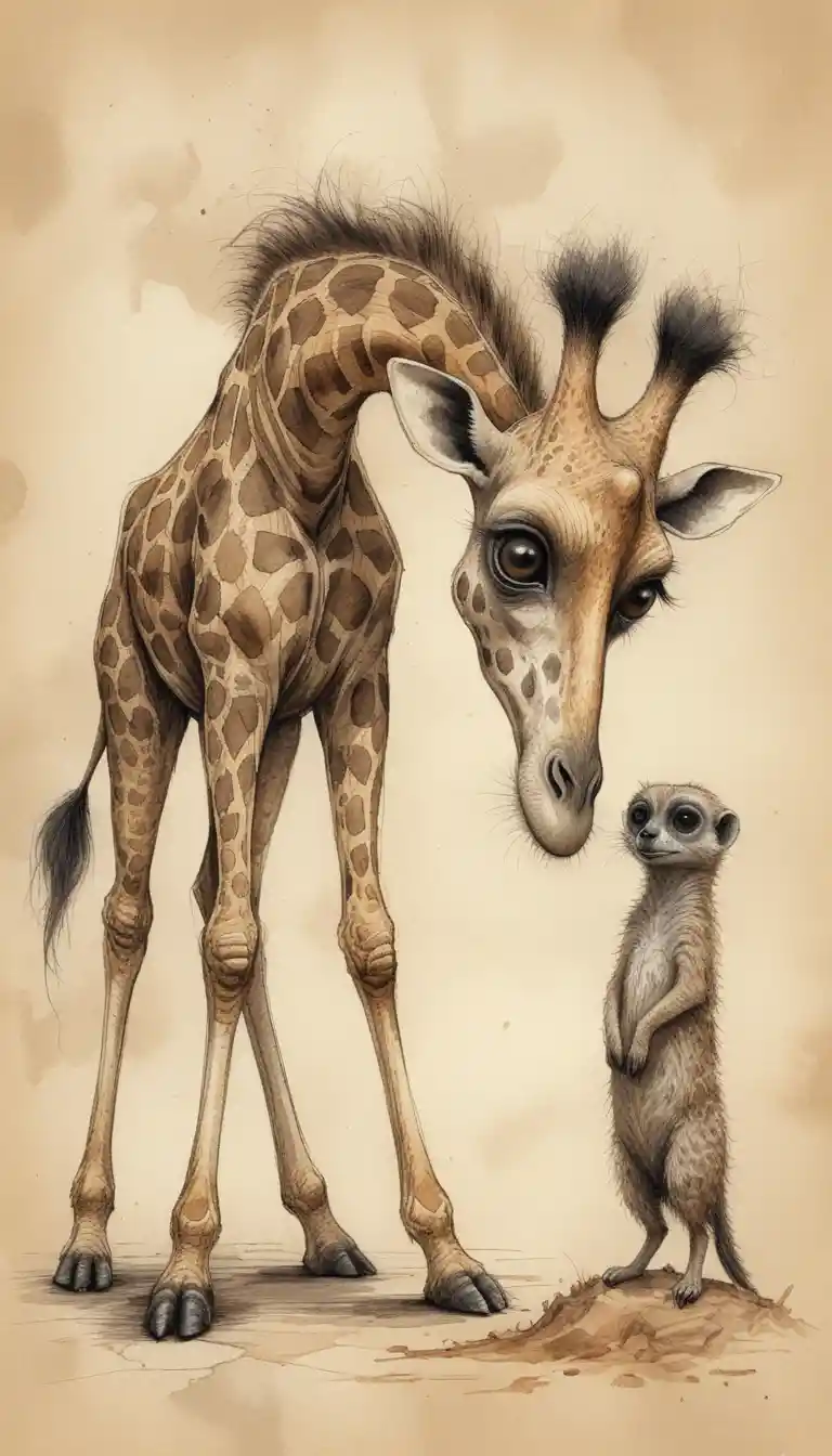 Surreal ink giraffe and meerkat staring on aged paper