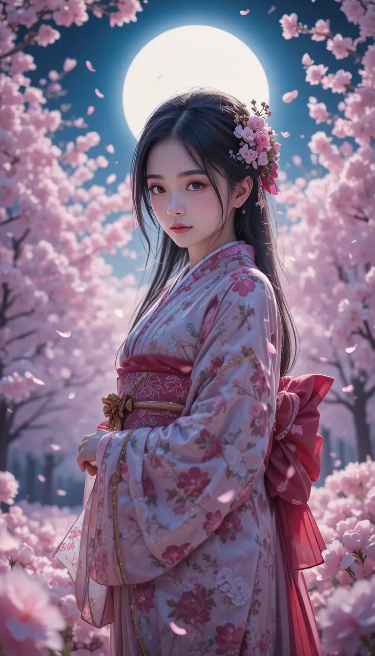夜櫻下的優雅和服日本女孩