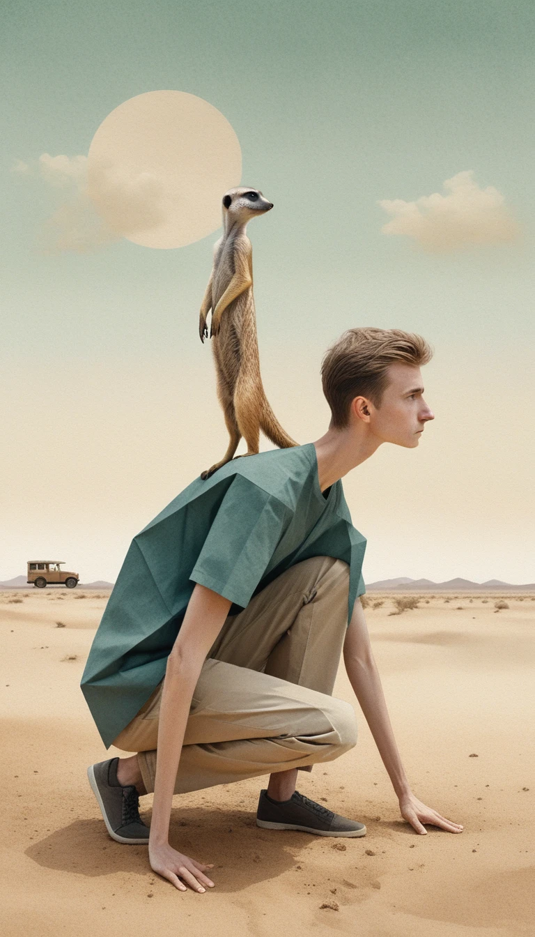Origami style man with camera and meerkat in vast teal space