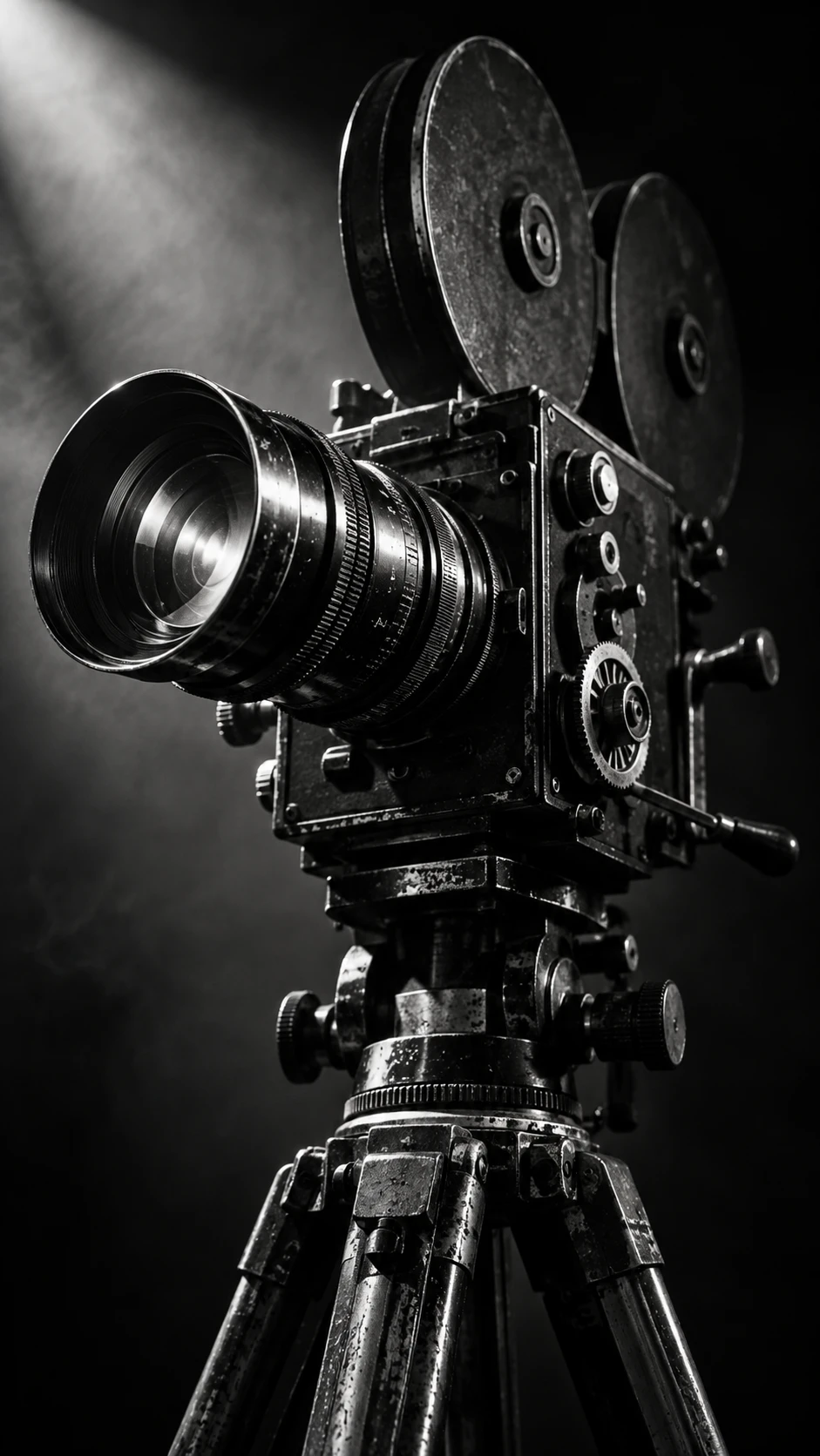 Vintage film camera in dramatic black and white lighting