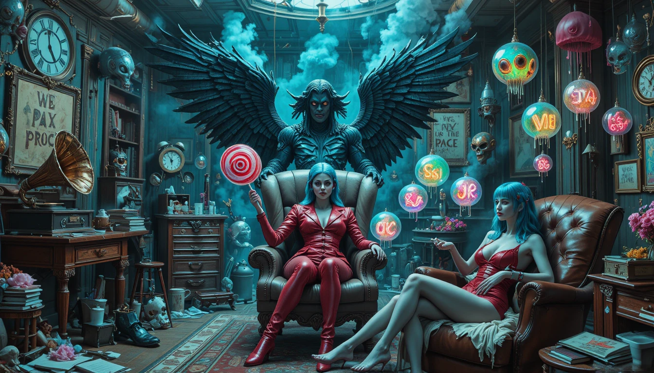 Dark angel therapist with surreal nurse in chaotic office