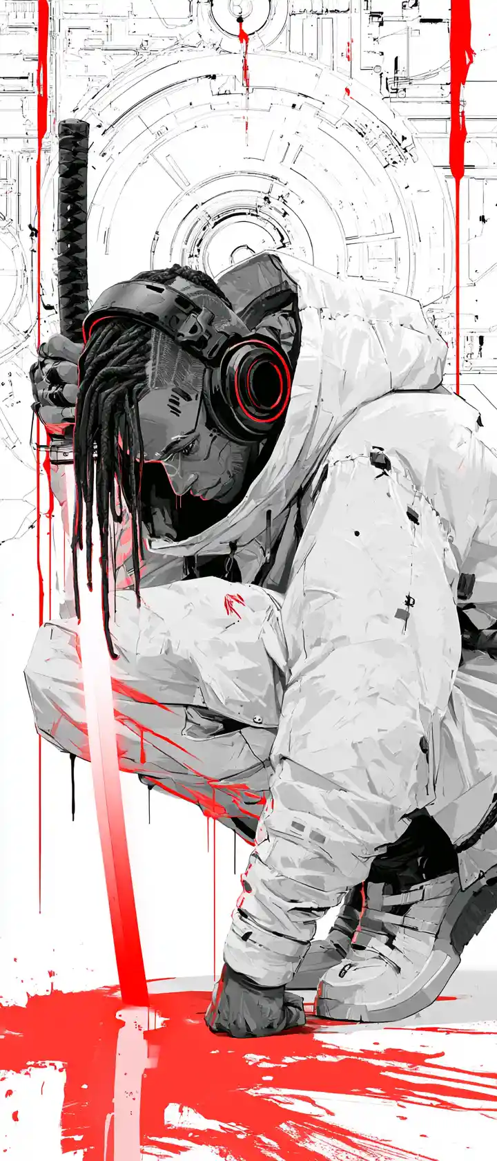 Crouching cyberpunk samurai in white parka with red energy sword