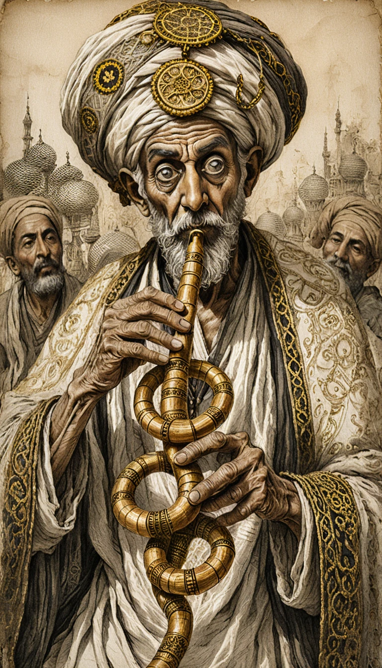 Old Egyptian musician in turban playing ornate bamboo flute