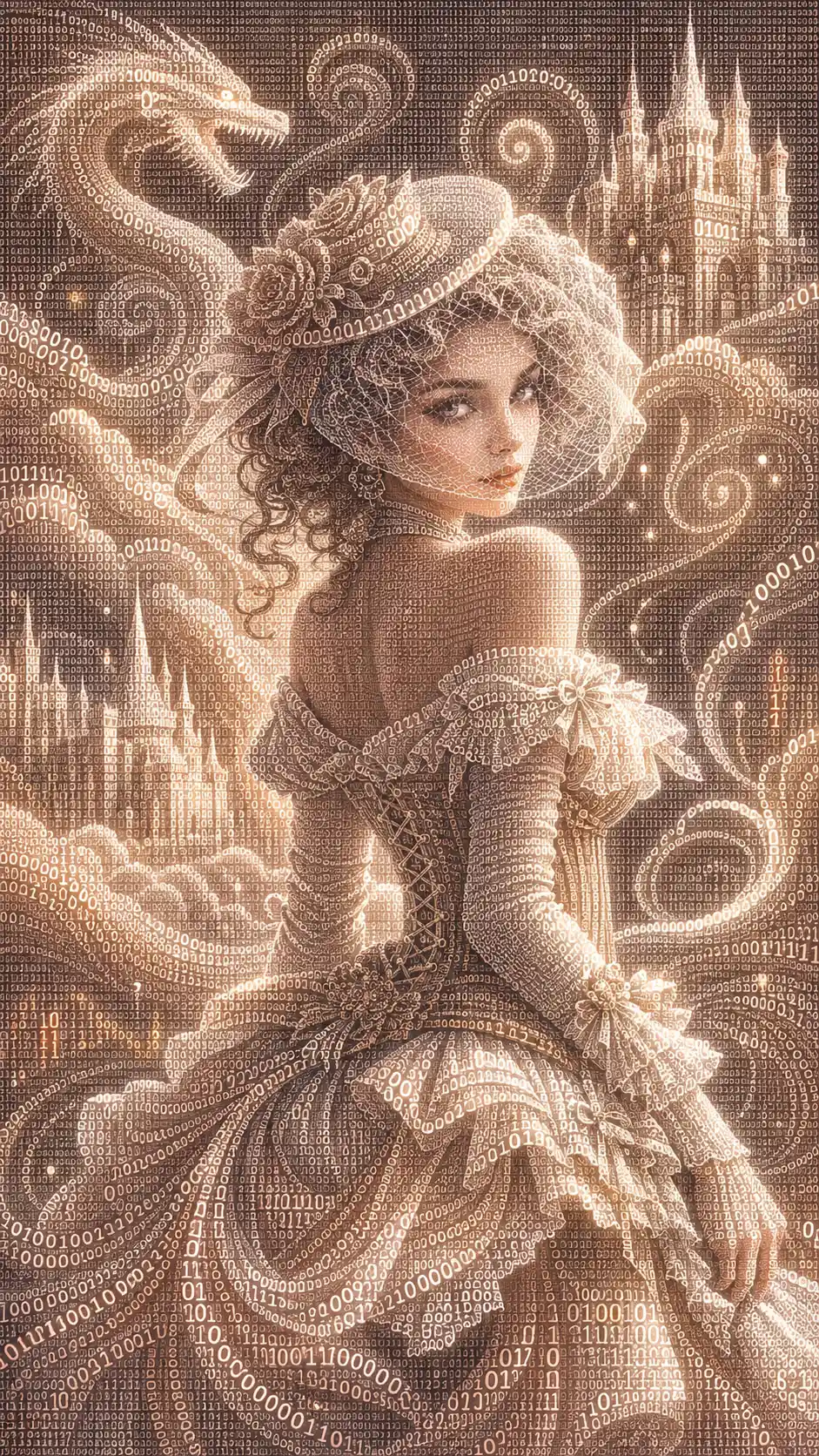 Elegant binary code portrait of a mysterious veiled lady