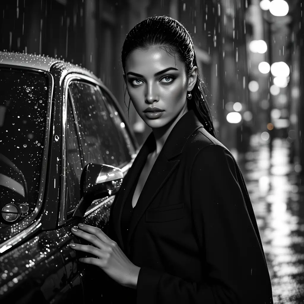 雨中汽車旁的神祕女子黑色電影時尚人像