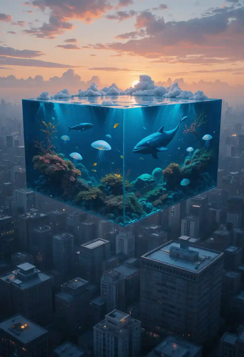 Giant Floating Aquarium Above A Modern City At Sunset