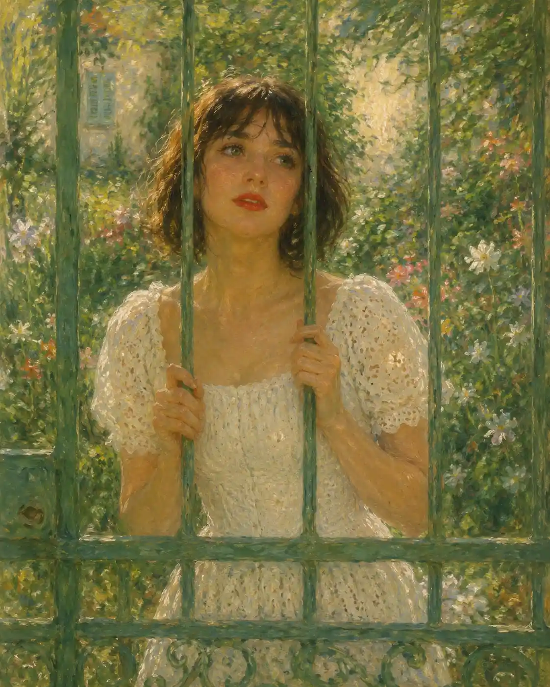 Femme nostalgique derrière un portail de jardin vert dans une lumière douce