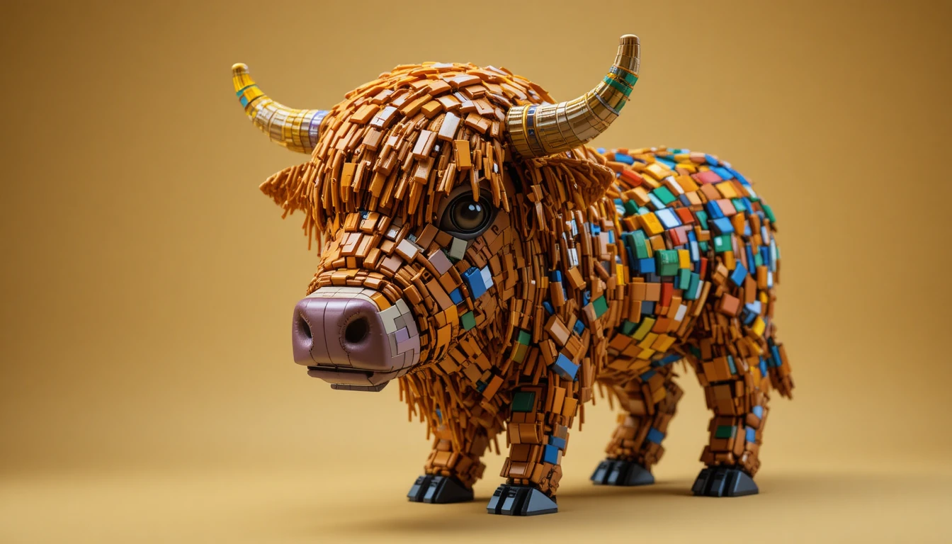 Scultura colorata di mucca Highland in Lego sotto le luci da studio