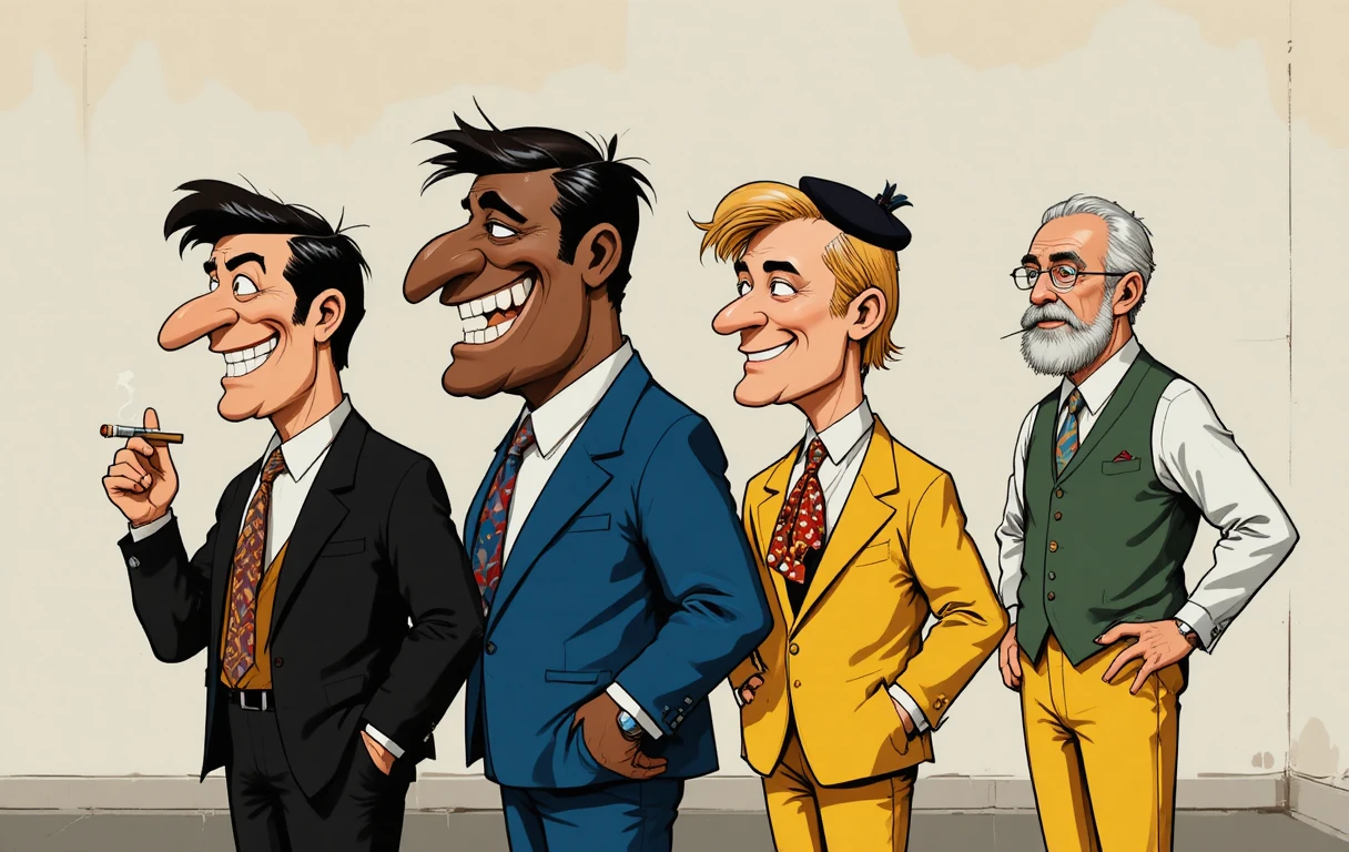 Groupe de quatre hommes caricaturés de profil en style cartoon