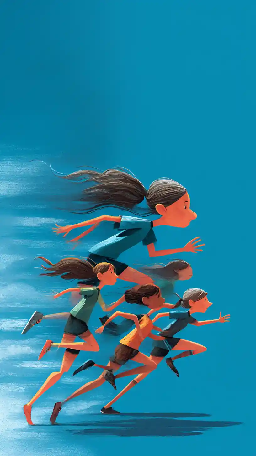 Futbolistas femeninas alargadas corriendo a toda velocidad sobre un campo color teal
