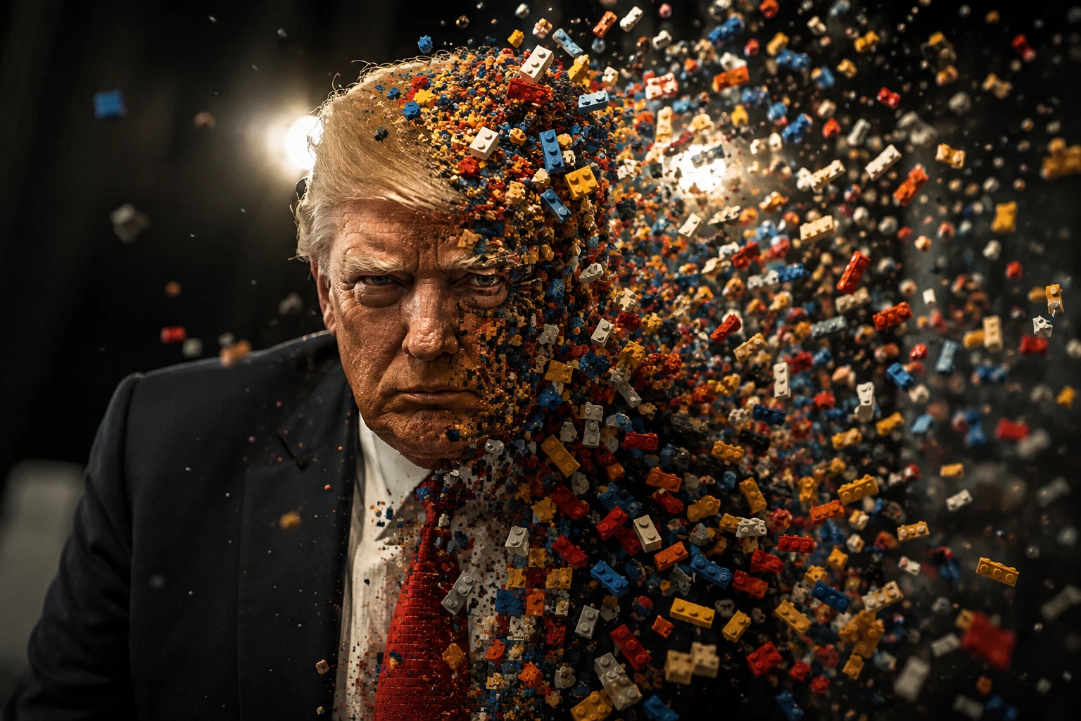 Cinematic portrait of a man dissolving into plastic toy bricks