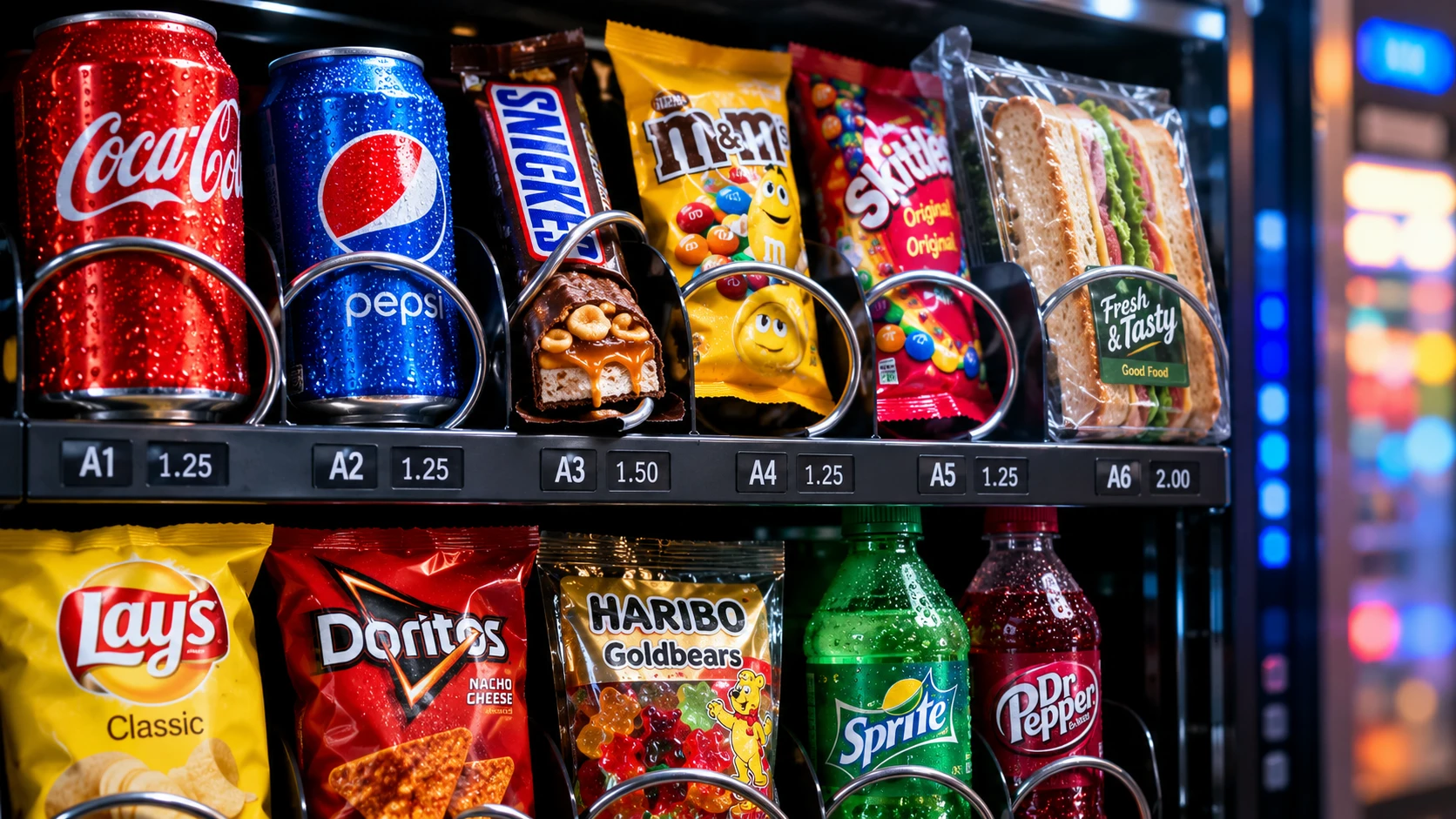 Close up view of snacks inside a vending machine