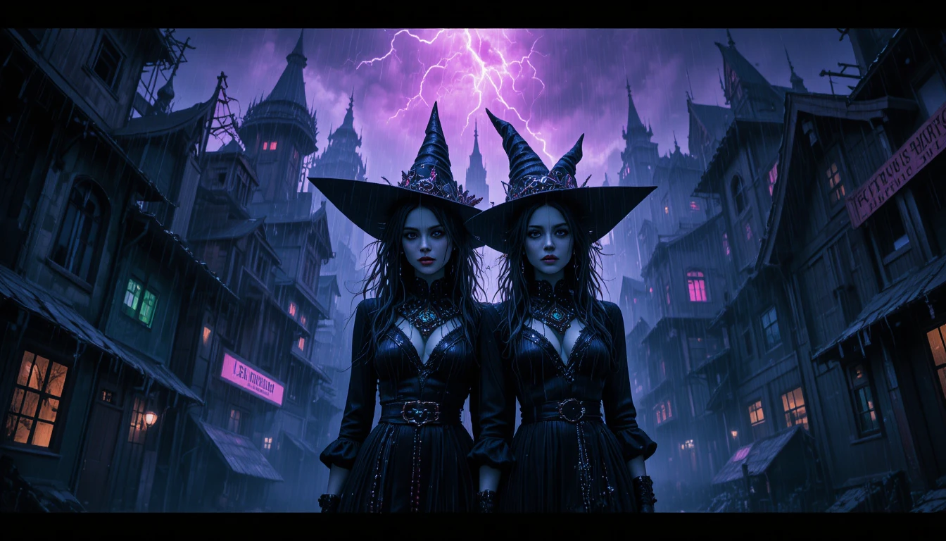 Witches stand in a storm torn limbo cityscape at twilight