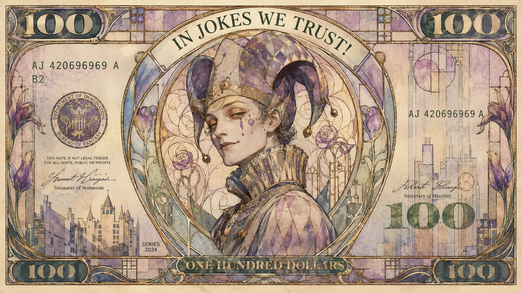 Art nouveau counterfeit hundred dollar bill with fictional portrait