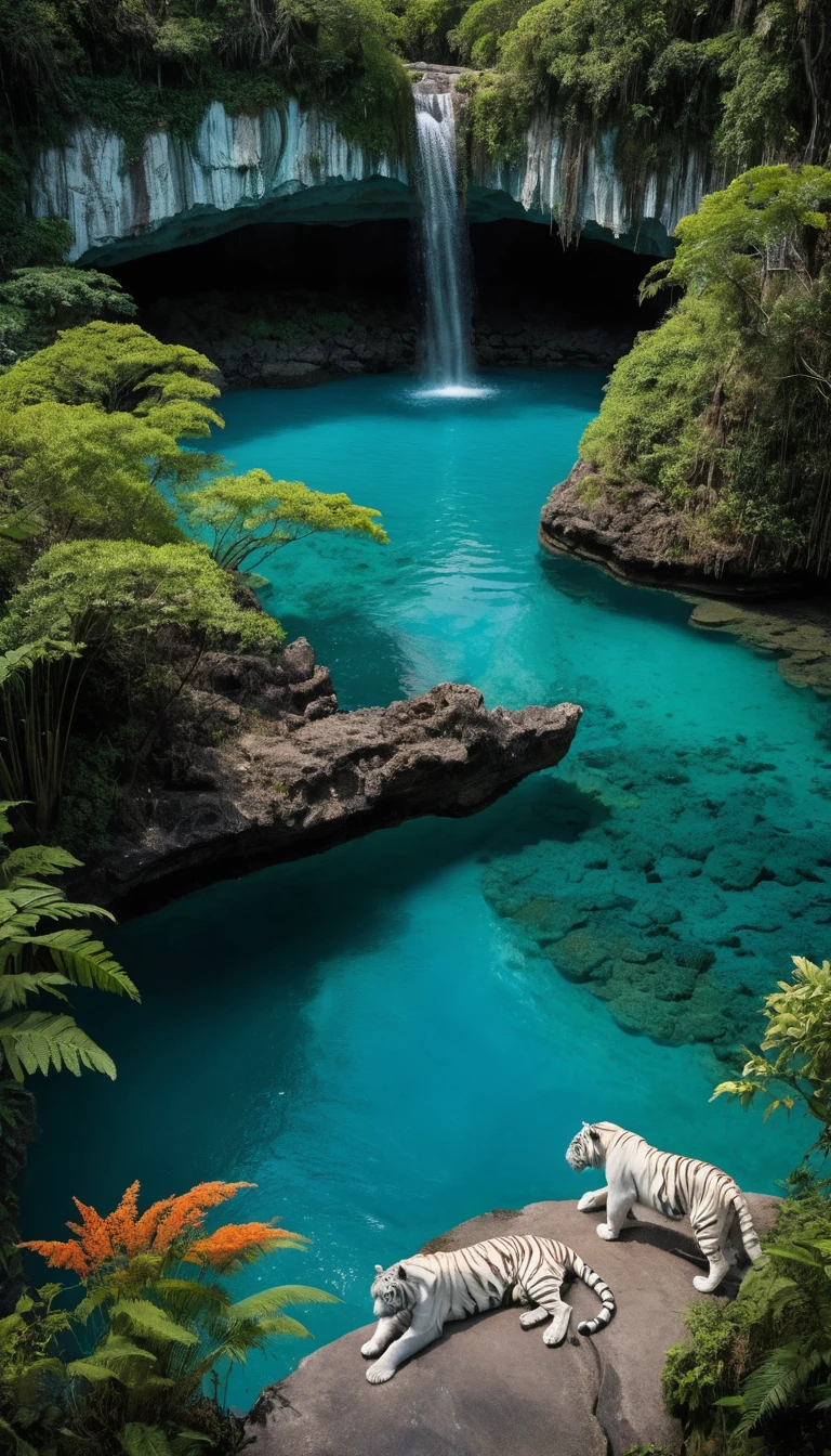 White tiger family by turquoise lagoon under mossy rock