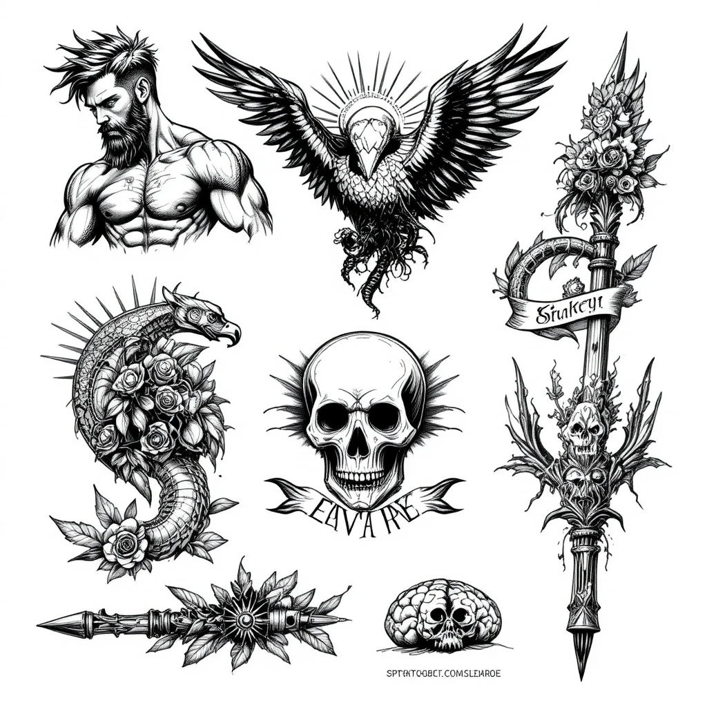 Bold black and white tattoo flash with wild man and eagle