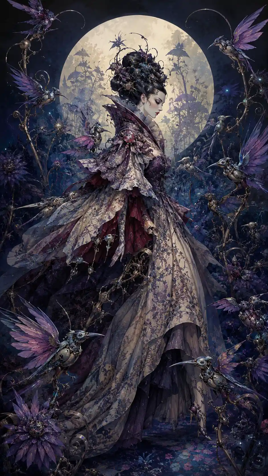 Elegant woman in surreal mechanical bird moonlit garden