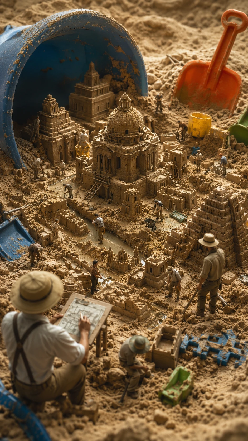 Miniature explorers building a detailed city inside a sandbox