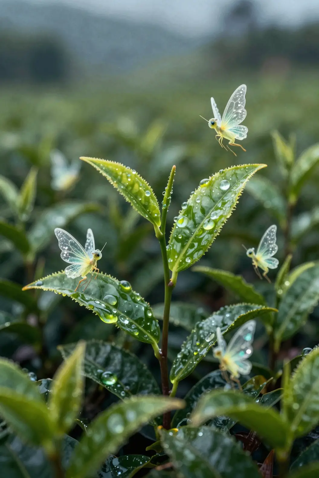 黃昏中發光的奇幻茶園與微小水晶精靈