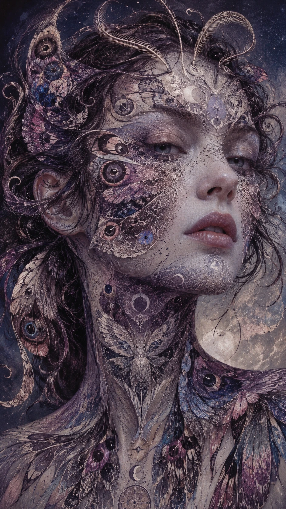 Surreal woman merging with moth wings and abstract symbols