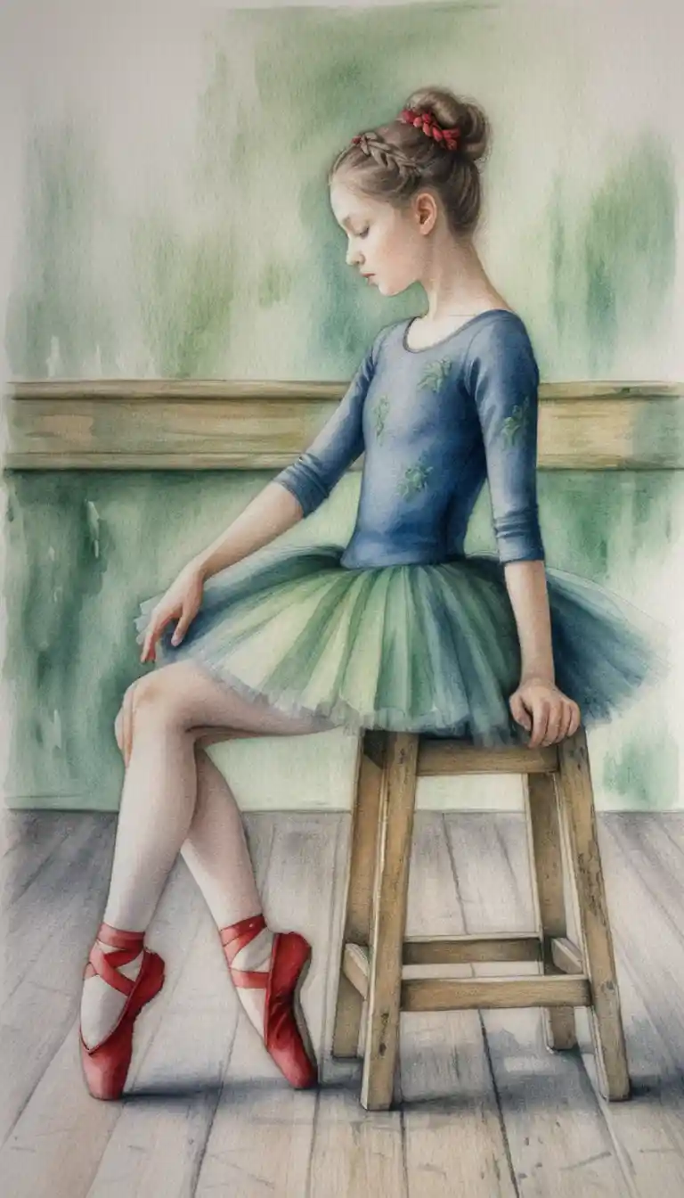 Giovane ballerina che riposa pensierosa su uno sgabello di legno consumato