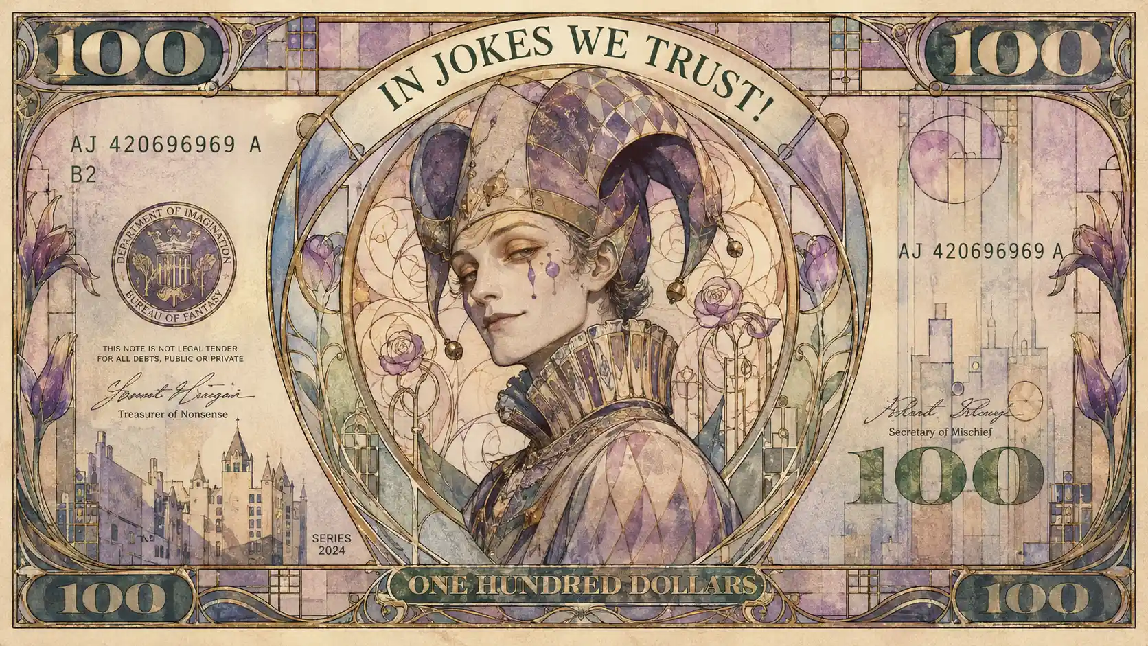 Banconota falsa da cento dollari in stile Art Nouveau con ritratto fittizio