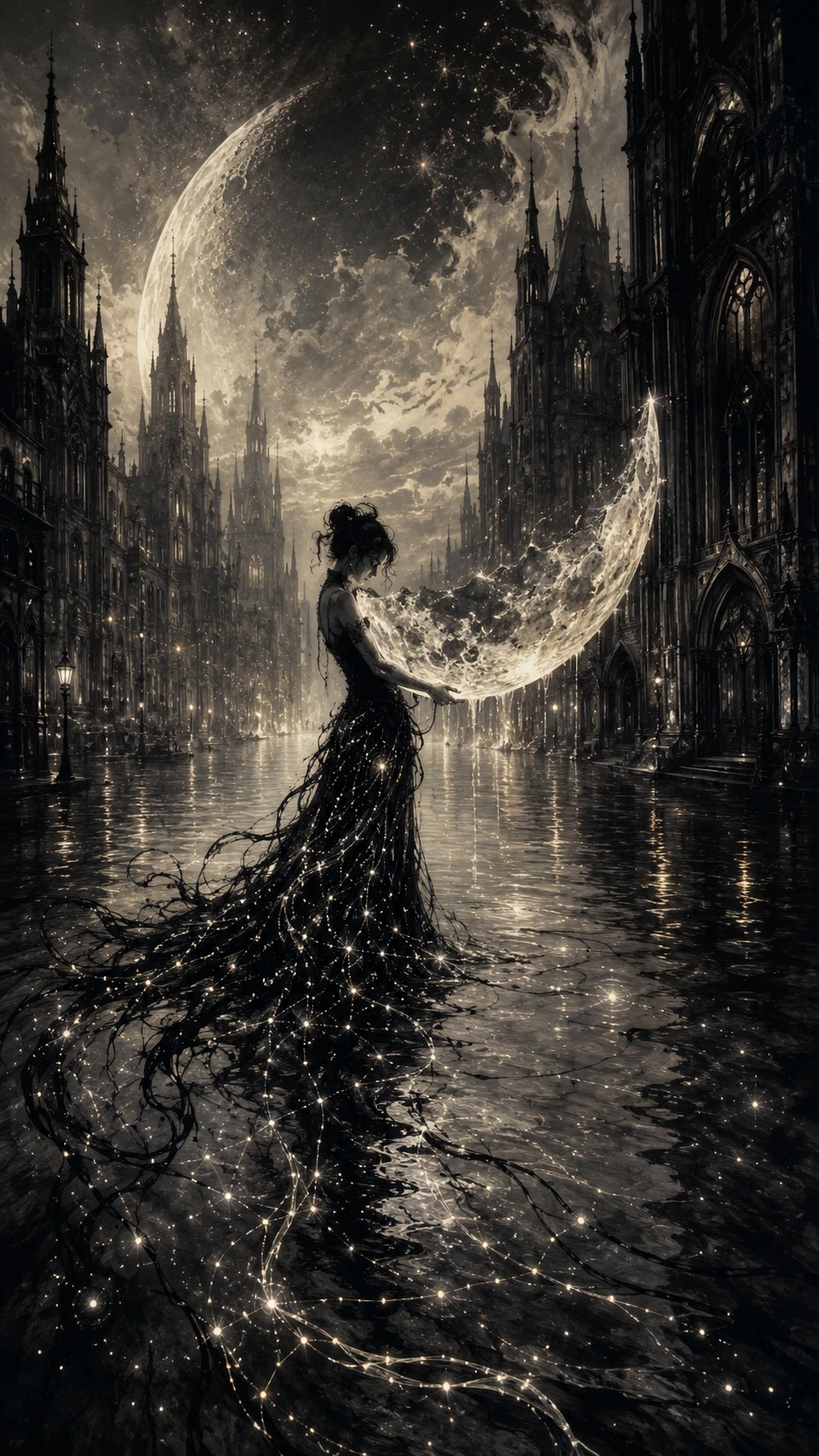 Woman Carrying A Glowing Moon Through Flooded Gothic City