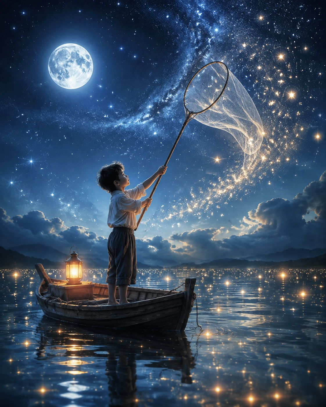 滿月下木船上捕捉星星的男孩