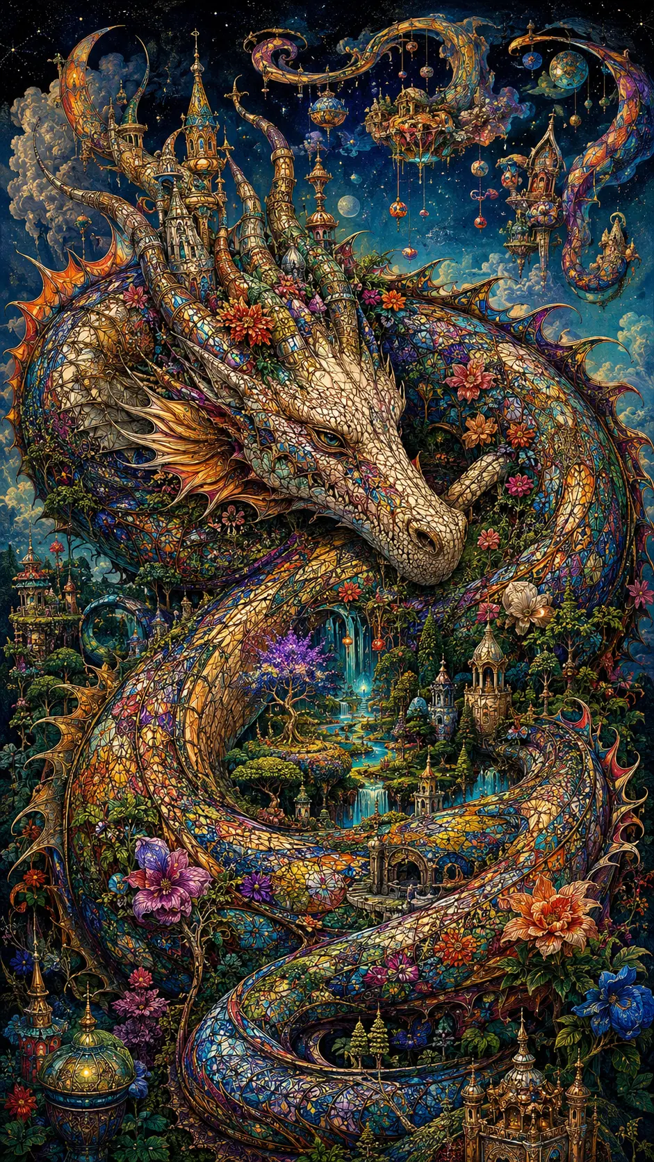 盤踞在不可能的彩繪玻璃花園中的奇幻巨龍