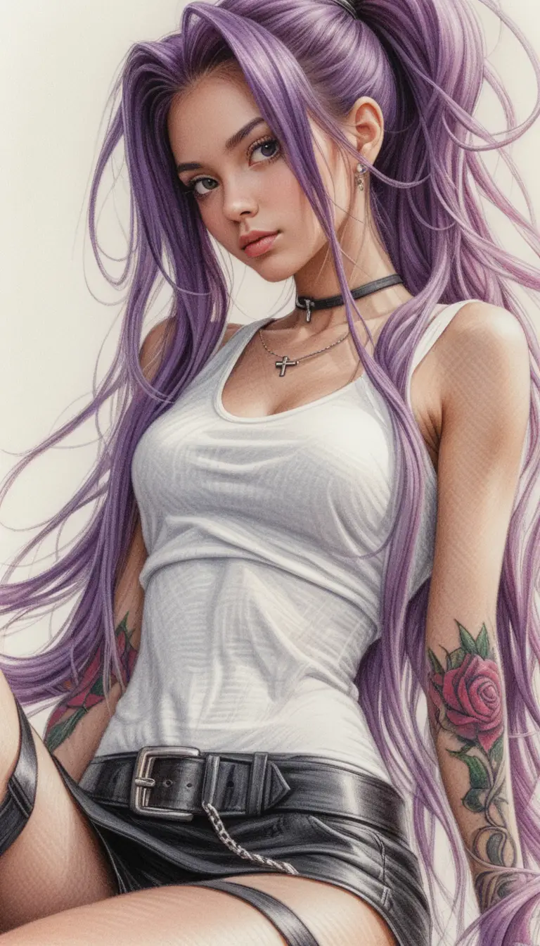 紫髮女孩彩色鉛筆風格肖像