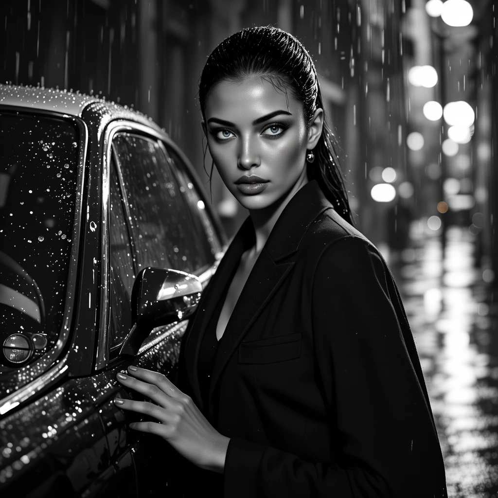 Mysterious woman by rainy car in noir fashion portrait