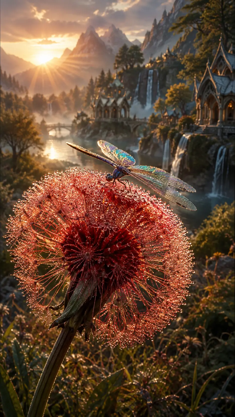 Dragonfly on red dandelion at dawn in misty meadow