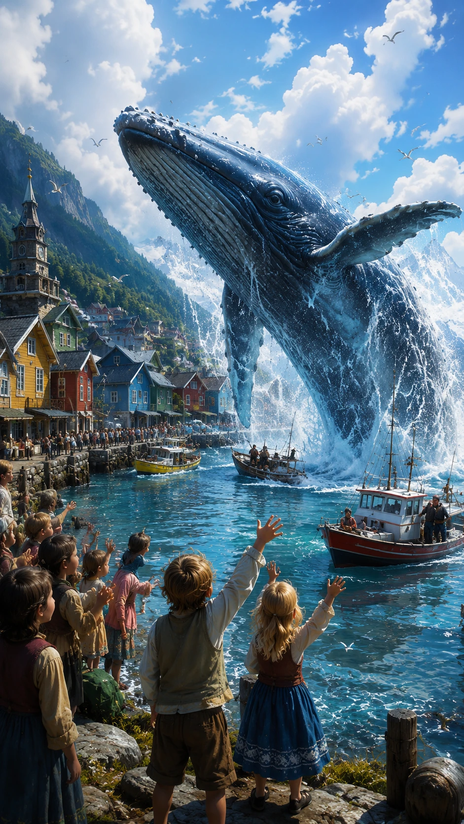 Giant friendly whale breaching beside a colorful fishing village