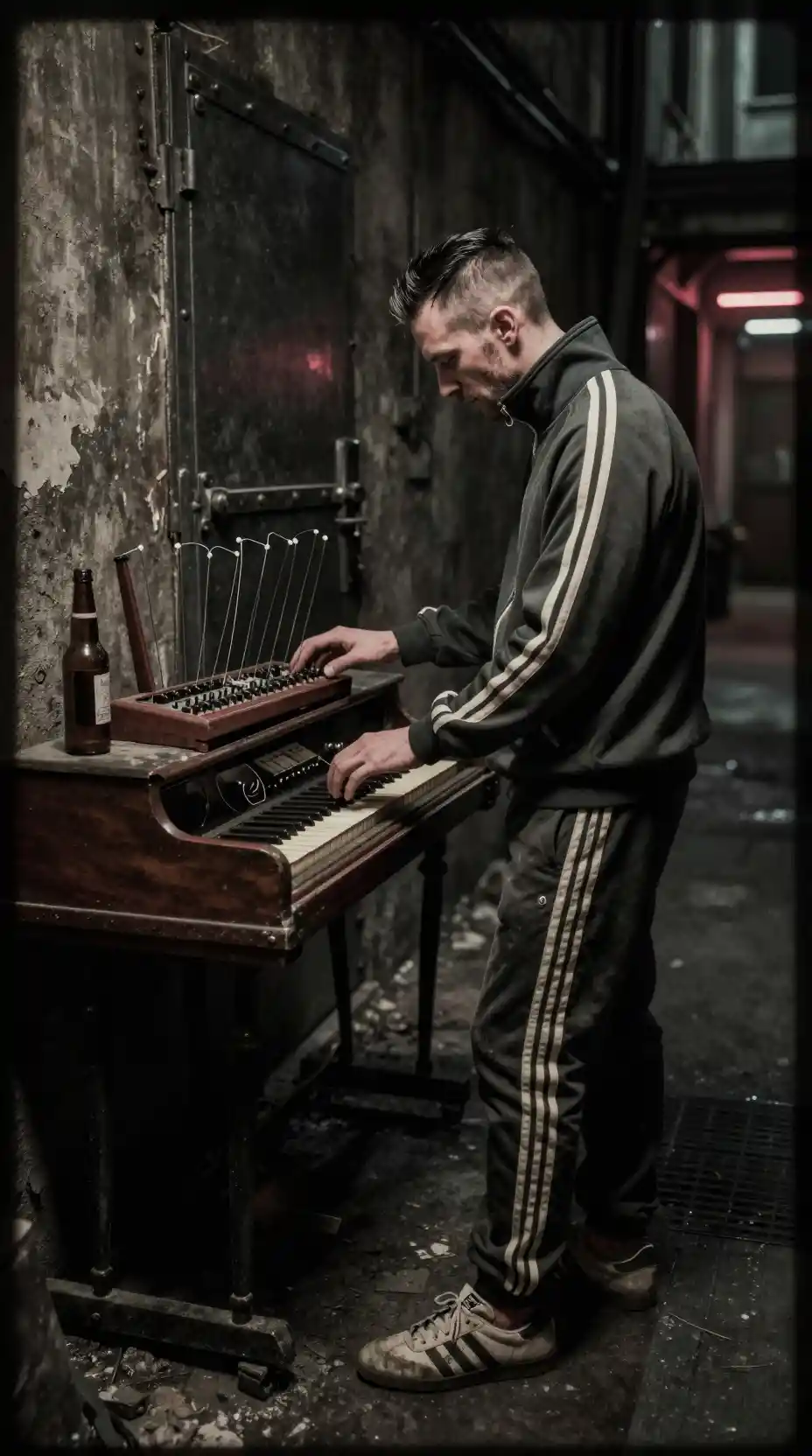 Man playing harpsichord and theremin in dark alley