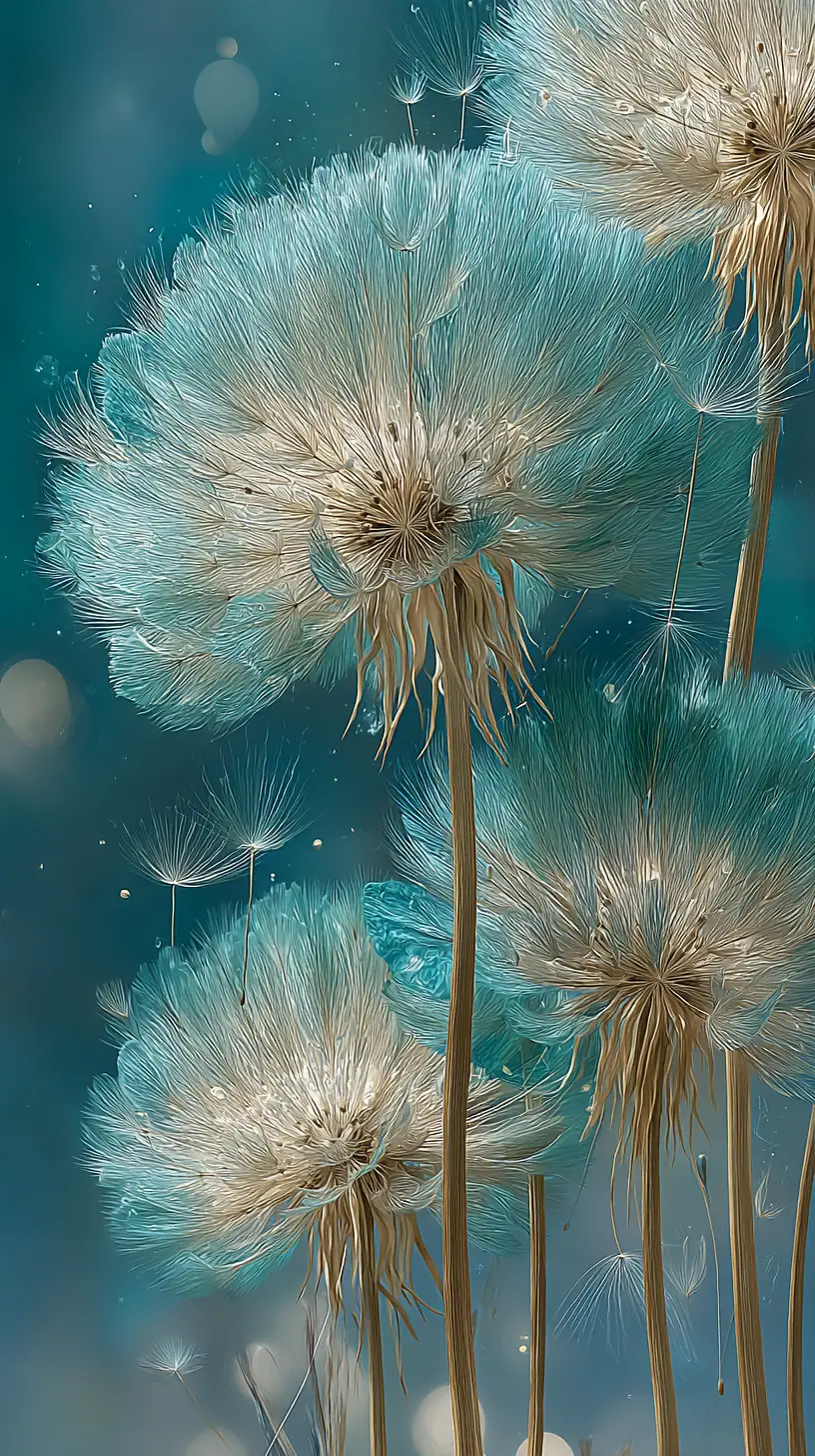 Close up teal dandelion seed heads with glowing bokeh